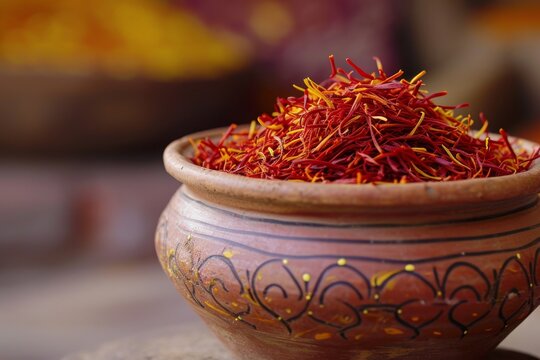 A flavorful dish of saffron rice is placed in a bowl on a table, showcasing its vibrant yellow color, Cupful of saffron threads, rich red colour, AI Generated