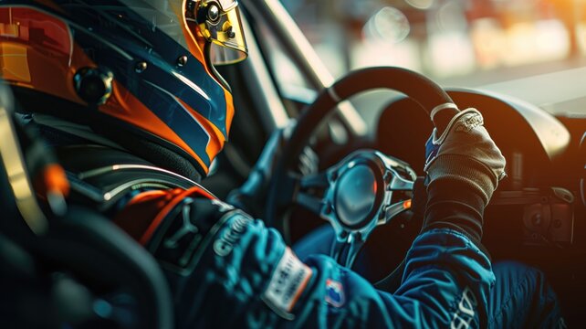 Race car driver steering interior view, focus on hands and wheel