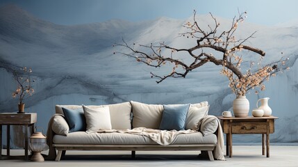 Oriental style interior, blue sofa with cushions