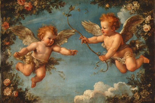 A painting depicting two cherubs, one holding a bow and the other aiming an arrow, in a detailed and vibrant scene, Cupids playing in a celestial garden, AI Generated