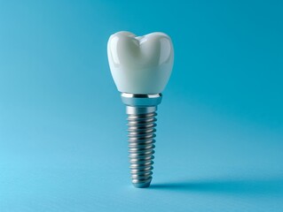 Dental crown or ceramic screwin implant isolated on blue background , copy space