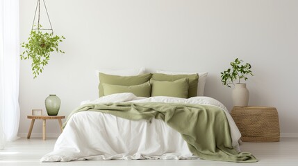 green pillows, duvet cover and bed duvet cover. Bedroom with bed and bedding. Left view.