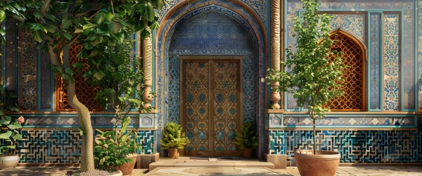 The blue tiled design on the front of the plant in the style of faceted shapes qajar, generated with AI