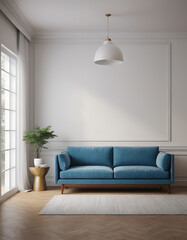 modern living room with sofa, blue and yellow  interior 