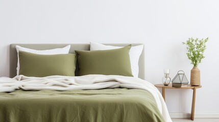 green pillows and blanket on a white bed. Bedroom with bed and utensils
