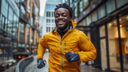 Happy young black man jogging in the city. Smiling african american male running, cityscape fitness...