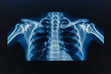 This x-ray image captures a detailed view of a mans chest, revealing the internal structures and potential abnormalities, D x-ray film of the two clavicles or collarbones, AI Generated