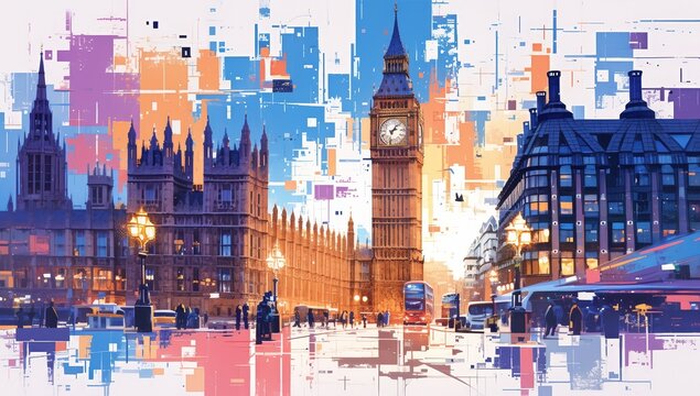 Abstract collage of the London skyline featuring Big Ben, using bold colors and textures to create an energetic atmosphere. 