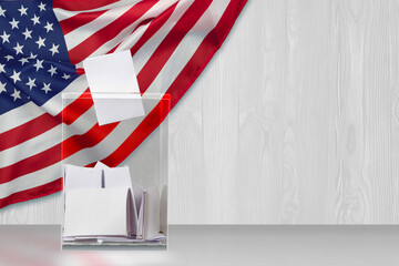 A ballot box with ballots on Election Day, flag USA