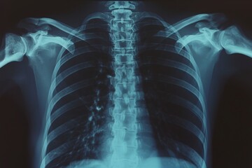 This x-ray image shows the back of a man, providing a detailed view of the skeletal structure and potential abnormalities, D X-ray of the scapula or the shoulder blade, AI Generated