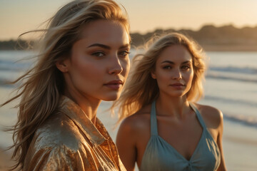 Zwei junge Frauen mit blonden Haaren genießen einen entspannten Abend am Strand bei Sonnenuntergang
