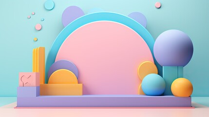Abstract geometric pastel color product display podium on light blue background. Minimal different shapes scene stage showcase stand for product promotion presentation