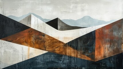 Simple geometric landscape painting, white, black, brown, blue.