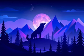 Fotobehang A blue and purple landscape with a wolf howling at the moon. © weerasak