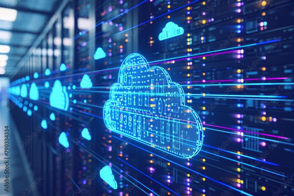 Poster a cloud appears in the center of a server room, surrounded by racks filled with computer servers and