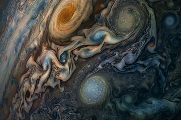 This close-up photo showcases the atmospheric layers surrounding a planet, highlighting its composition and structure, Deep cyclones swirling on Jupiterâ€™s surface, AI Generated - obrazy, fototapety, plakaty