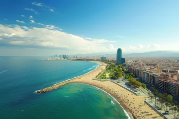  Aerial View of a Beach and City, Daytime aerial view of Barcelona's seaside cityscape, AI Generated © Ifti Digital