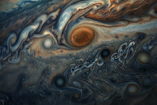 This photo showcases a detailed view of the atmosphere surrounding a planet, providing insight into its composition and structure, Deep cyclones swirling on Jupiter&acirc;&euro;&trade;s surface, AI Generated