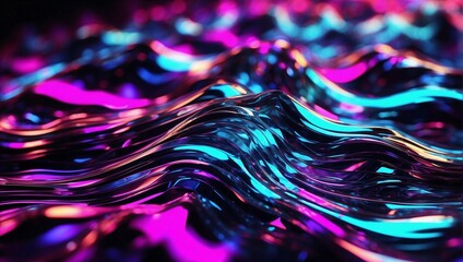 Abstract graphic visualization with geometric elements forming waves illuminated by neon lights