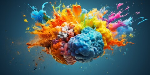 Obraz na płótnie Canvas human brain a colorful explosion of creativity on blue background