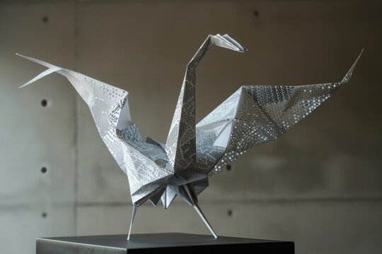 An origami crane is showcased in a museum, highlighting the intricate paper folding technique used to create the elegant bird, Depict an origami crane crafted from binary permutations, AI Generated