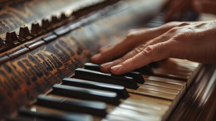 A close up of a person's hands playing an old fashioned piano, AI