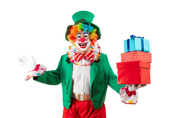 Funny clown with gifts, man entertainer as Joker in a suit and wig, with clown whiteface makeup....