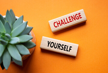 Challenge yourself symbol. Wooden blocks with words Challenge yourself. Beautiful orange background with succulent plant. Business and Challenge yourself concept. Copy space.