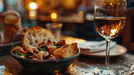 Glass of white wine beside bowl mussels with bread on table - obrazy, fototapety, plakaty