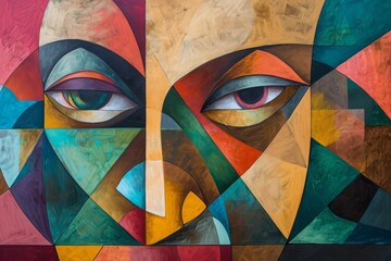 Close Up of a Painting Depicting a Human Face, Depict harmony among chaos using a mix of geometric shapes, AI Generated