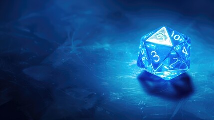 Blue glowing twenty-sided die on textured surface with soft focused background