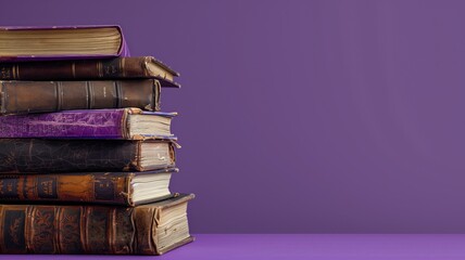 Fototapeta premium Stack of old hardcover books on purple background