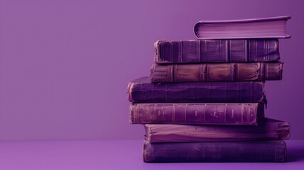 Stack of old leather-bound books on purple background - obrazy, fototapety, plakaty
