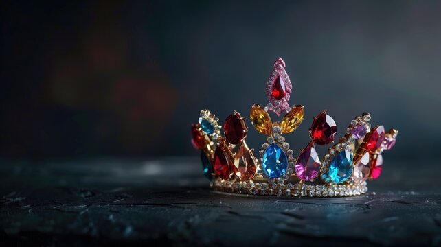 Colorful jeweled crown on dark background
