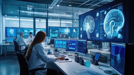 Scientists in a lab are using display devices and engineering to work on computers, exploring fonts and electric blue. They also share entertainment and art, while dealing with darkness in their job