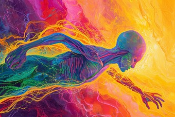 An intriguing painting capturing a woman floating gracefully in mid-air, Depicting the energy flow within a human body using vibrant hues, AI Generated