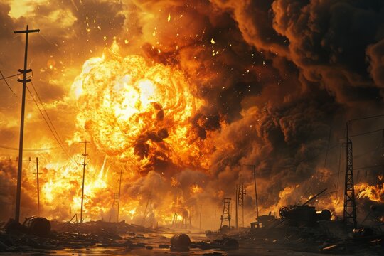 A jaw-dropping photograph showcasing a tremendous explosion, vividly capturing the intense release of energy and resulting fireball, Depiction of a massive pipeline explosion, AI Generated