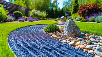 A photo of a Zen garden with a raked gravel path, stone lantern, and manicured bushes and trees. - obrazy, fototapety, plakaty