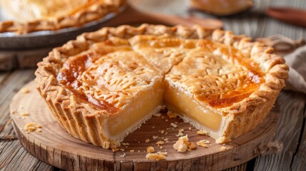A pie with a slice missing on top of wooden cutting board, AI - Powered by Adobe