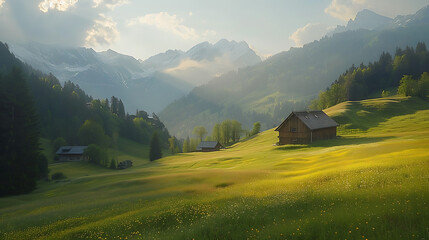 Sunny Swiss Alpine village scene featuring charming architecture, nestled amidst majestic mountains, evoking tranquility and picturesque beauty, ideal for travel, tourism, or lifestyle concepts