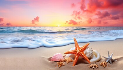 View of the beach waves is truly amazing and creates wisps of white foam on the shoreline, with stunning vibrant reflections of sunlight, sea creatures, shells, starfish and turtles walk on the beach  - obrazy, fototapety, plakaty