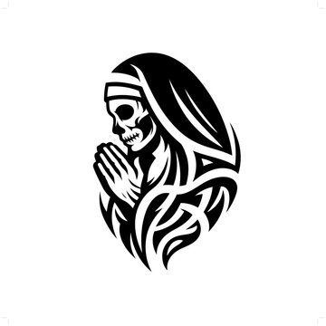 nun in modern tribal tattoo, abstract line art of people, minimalist contour. Vector