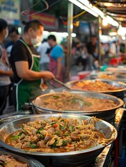 Obraz premium Sizzling Pork Stall at Bustling Thai Market Showcases Authentic Local Cuisine