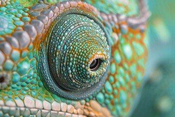 A detailed photograph capturing the close-up view of a chameleon, displaying vibrant green and orange colors, Detail of a chameleon's skin up close, AI Generated