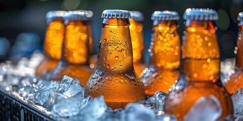 A set of cold beer bottles with ice, condensation, and froth, ready for refreshment.