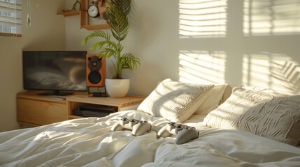 Beautiful minimalistic bedroom in beige tones.