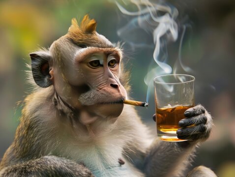 Funny monkey enjoying a moment with a cigar and whiskey.