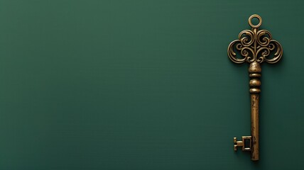 Ornate golden key on dark green background