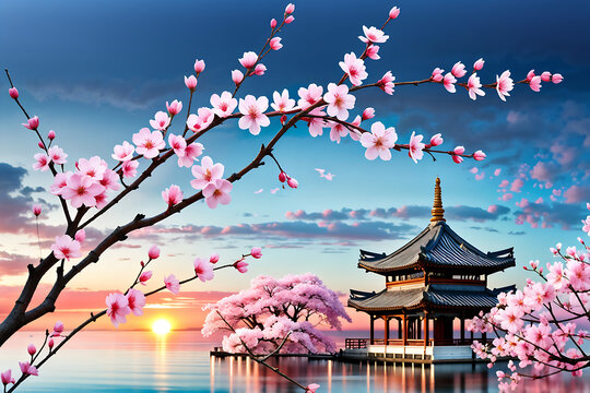 An image of a warm spring day with cherry blossoms fluttering in the air at a traditional palace. Generative AI.