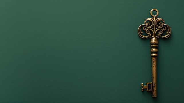 Ornate golden key on dark green background